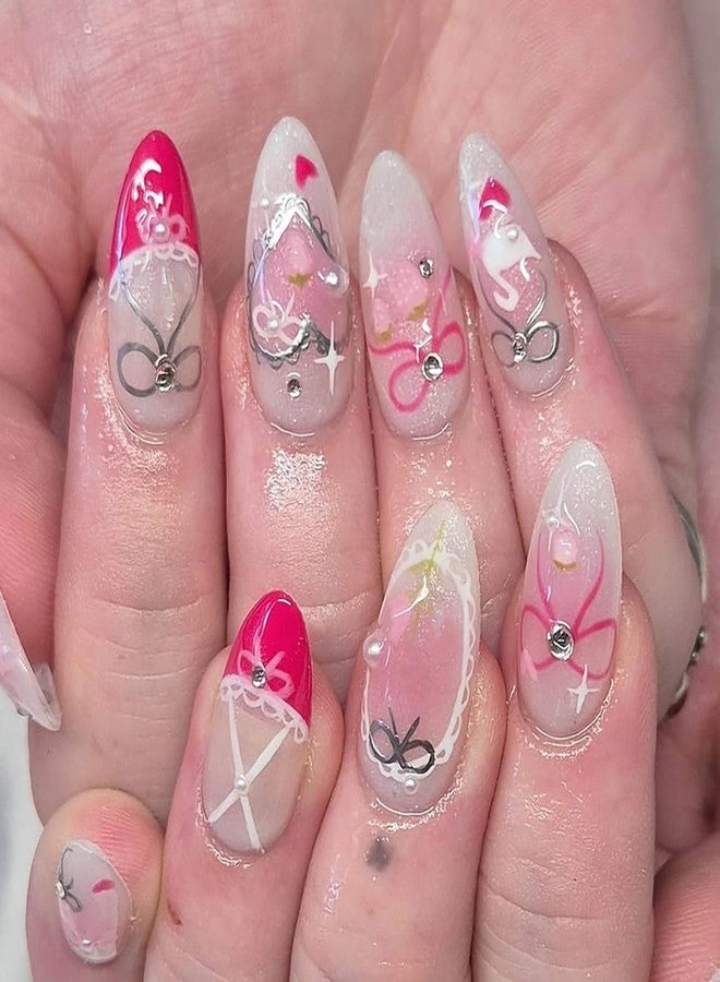 KKUUOO 24Pcs Pink Press on Nails, Almond Fake Nails with Love Bow Designs, Glossy False Nail, Full Cover Acrylic Stick on Nail for Women Nails Manicure Decoration - Image 1